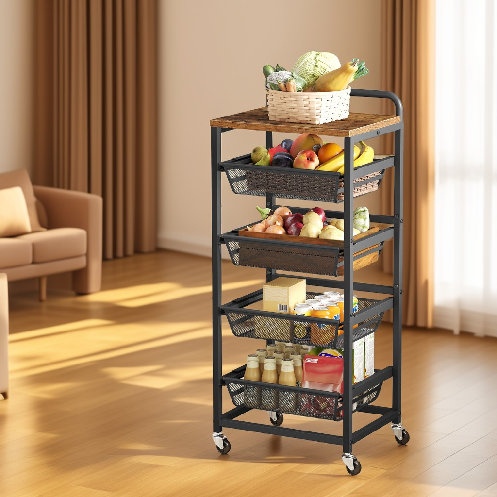 5-Tier Rolling Kitchen Cart with Pull-Out Baskets, Utility Storage Cart with Wheels & Handle, for Snacks, 37.4 x 15.8 x 12.5 Inches, Rustic Brown and Ink Black