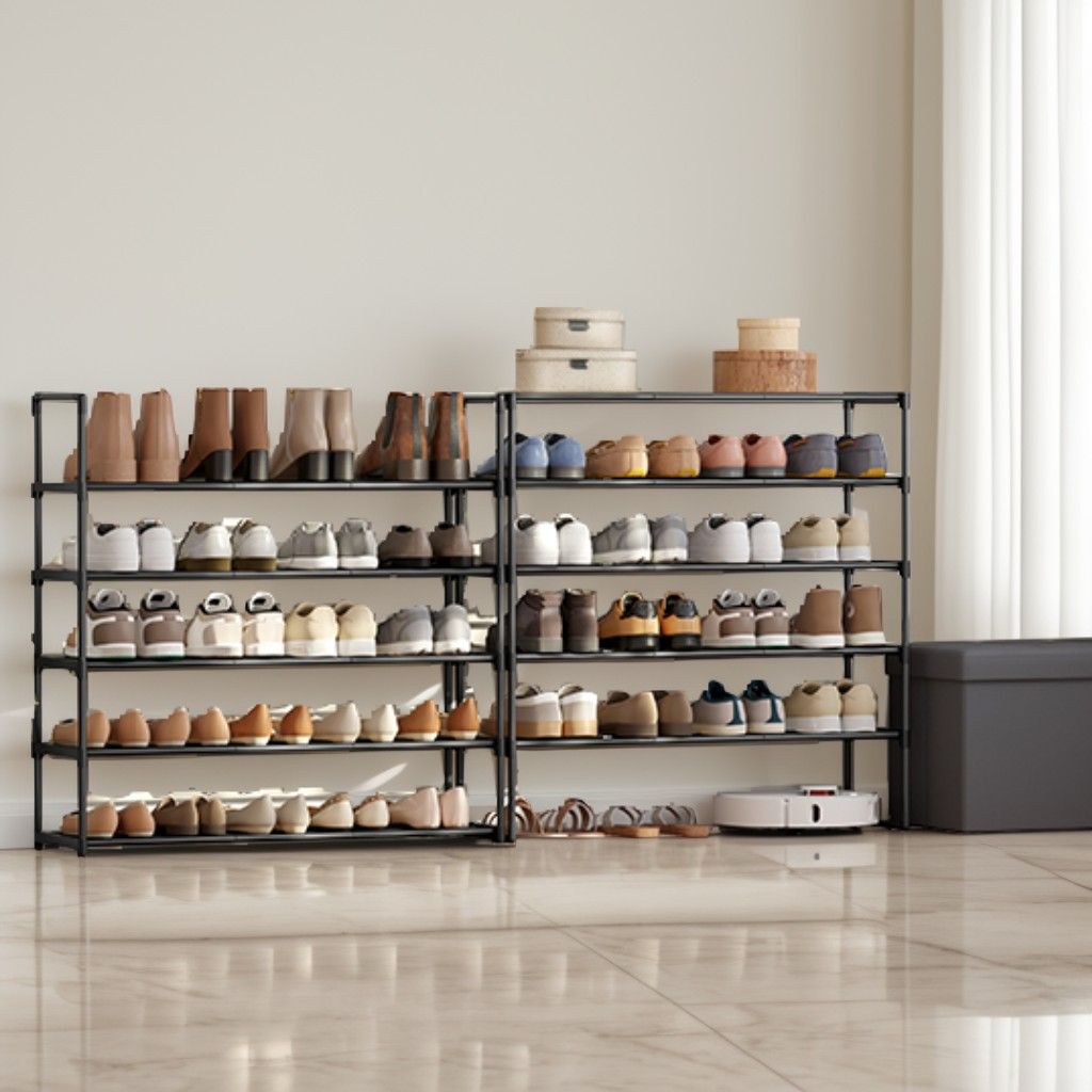 Shoe Rack, 5-Tier Metal Shoe Organizer for Entryway, Stands Upright or Upside Down, Holds 20-25 Pairs, Stackable & Tool-Free Assembly, Black