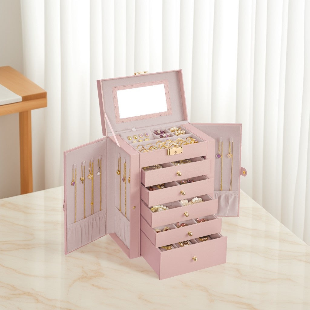 Jewelry Box Organizer, 6-Layer Jewelry Storage Case with 5 Drawers, Lock & Mirror, Large Capacity for Necklaces Watches, Jelly Pink