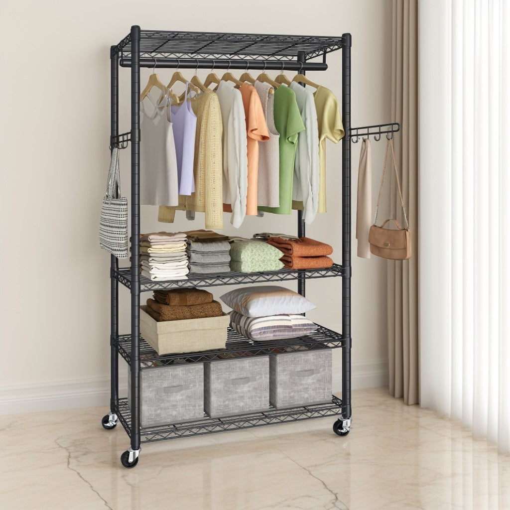 Heavy-Duty Rolling Clothes Rack, Portable Garment Rack on Wheels with 4 Adjustable Shelves & Hanging Rail, Tool-Free Assembly, Ink Black
