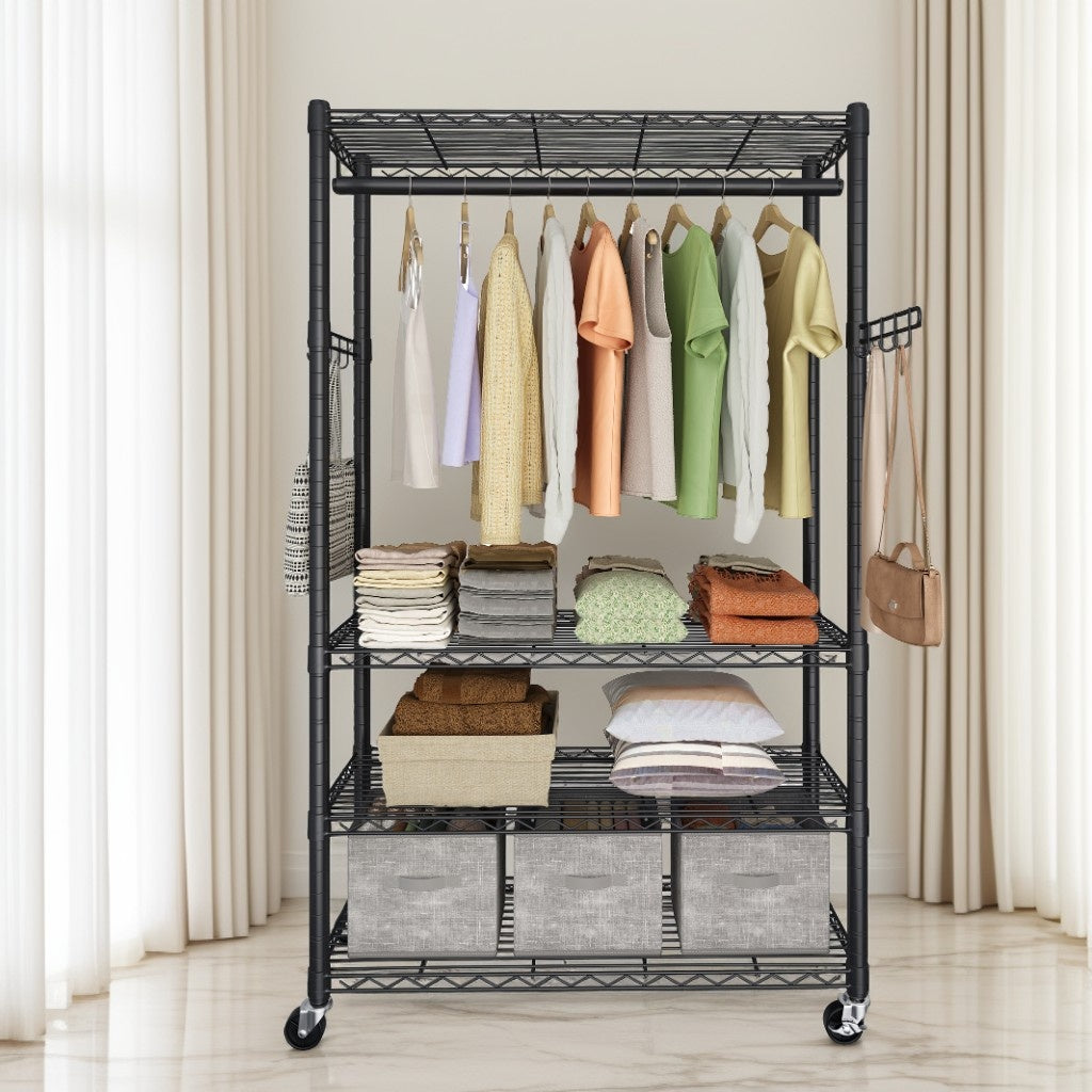 Heavy-Duty Rolling Clothes Rack, Portable Garment Rack on Wheels with 4 Adjustable Shelves & Hanging Rail, Tool-Free Assembly, Ink Black