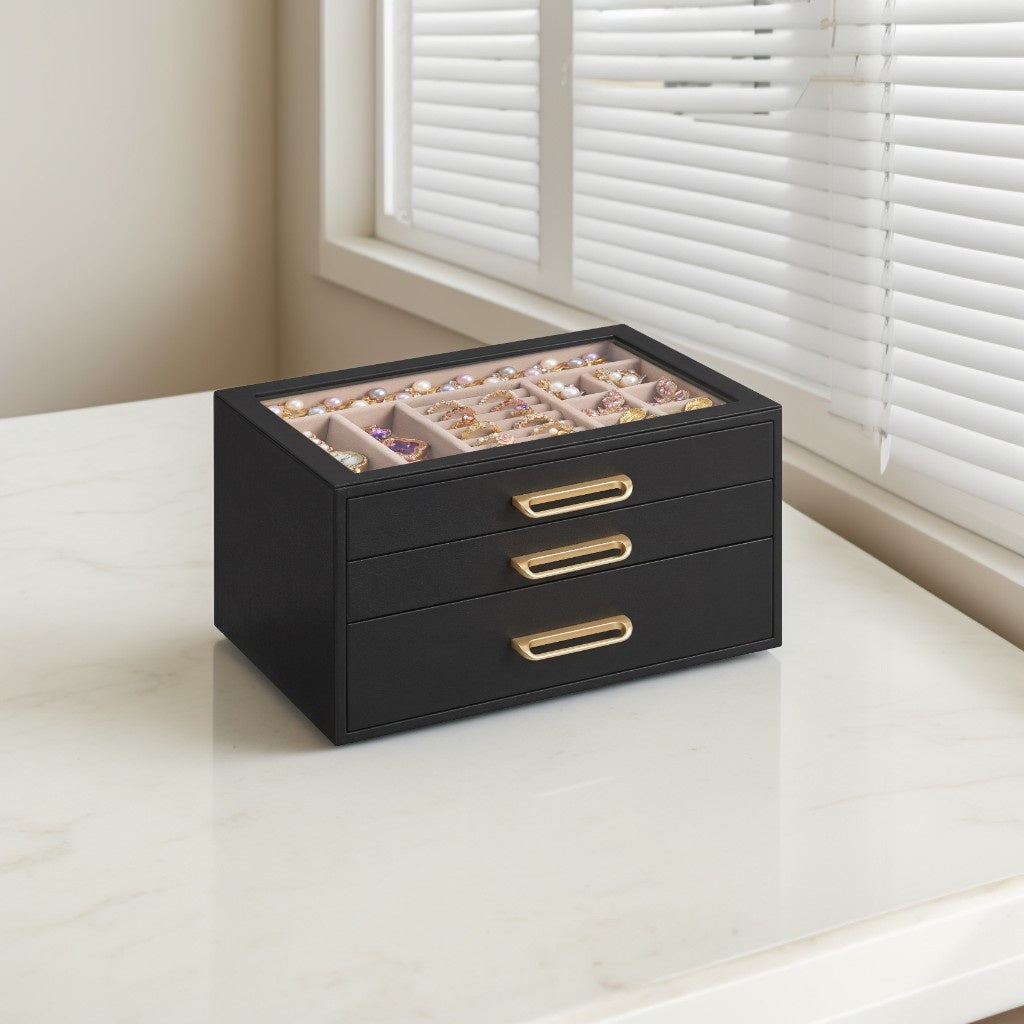 3-Layer Jewelry Box with Glass Window, 3-Drawer Jewelry Organizer for Rings, Earrings, Bracelets, Black and Gold, 6.3 x 9.4 x 4.9 Inches