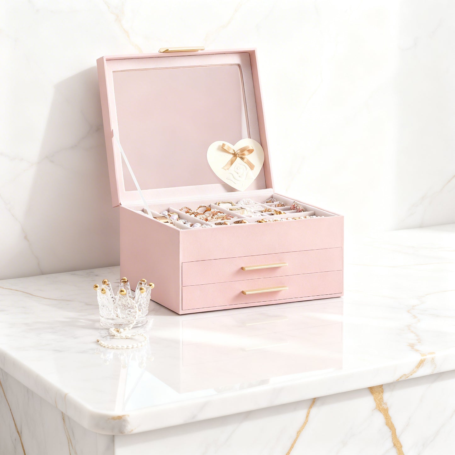 Jewelry Box Organizer, 3-Layer Jewelry Storage with 2 Drawers & Glass Lid, Modern Vanity Display Case for Rings Necklaces, Jelly Pink and Gold