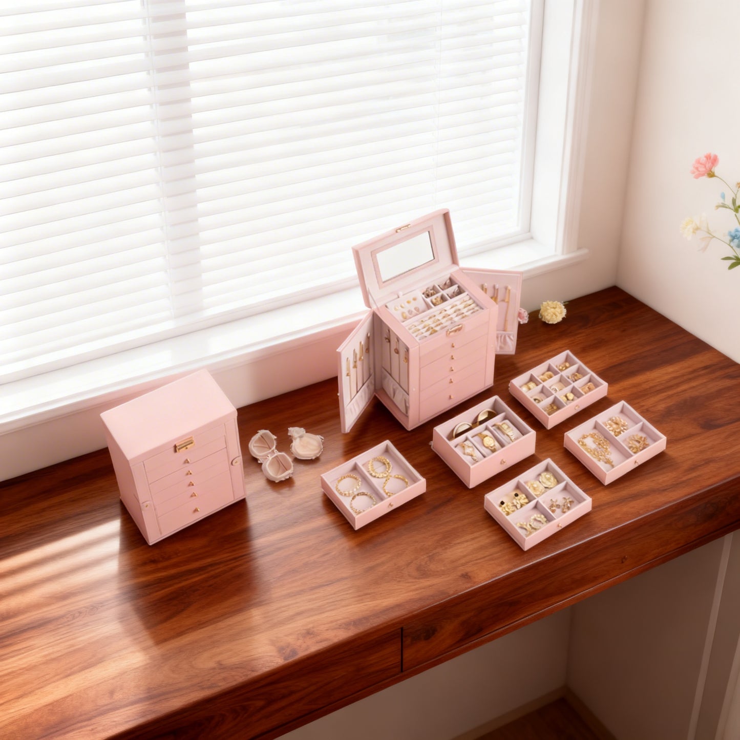 Jewelry Box Organizer, 6-Layer Jewelry Storage Case with 5 Drawers, Lock & Mirror, Large Capacity for Necklaces Watches, Jelly Pink