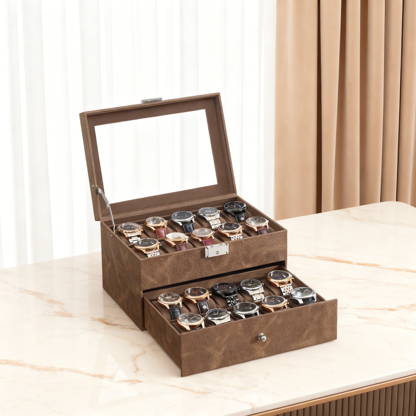 Watch Box, 20-Slot Watch Case Organizer with Large Glass Lid & Removable Pillows, Metal Lock for Security, Synthetic Leather, Coffee Brown