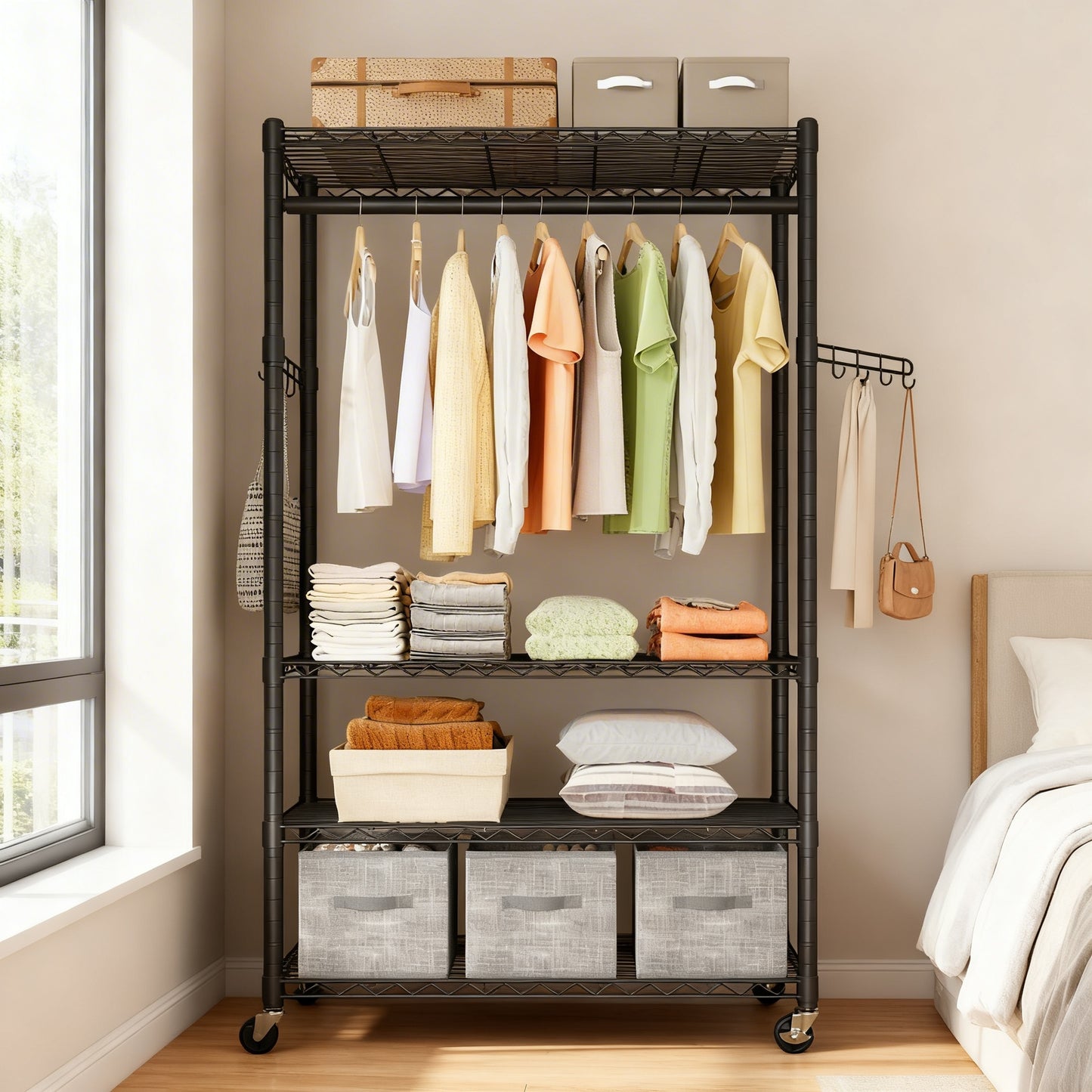 Heavy-Duty Rolling Clothes Rack, Portable Garment Rack on Wheels with 4 Adjustable Shelves & Hanging Rail, Tool-Free Assembly, Ink Black
