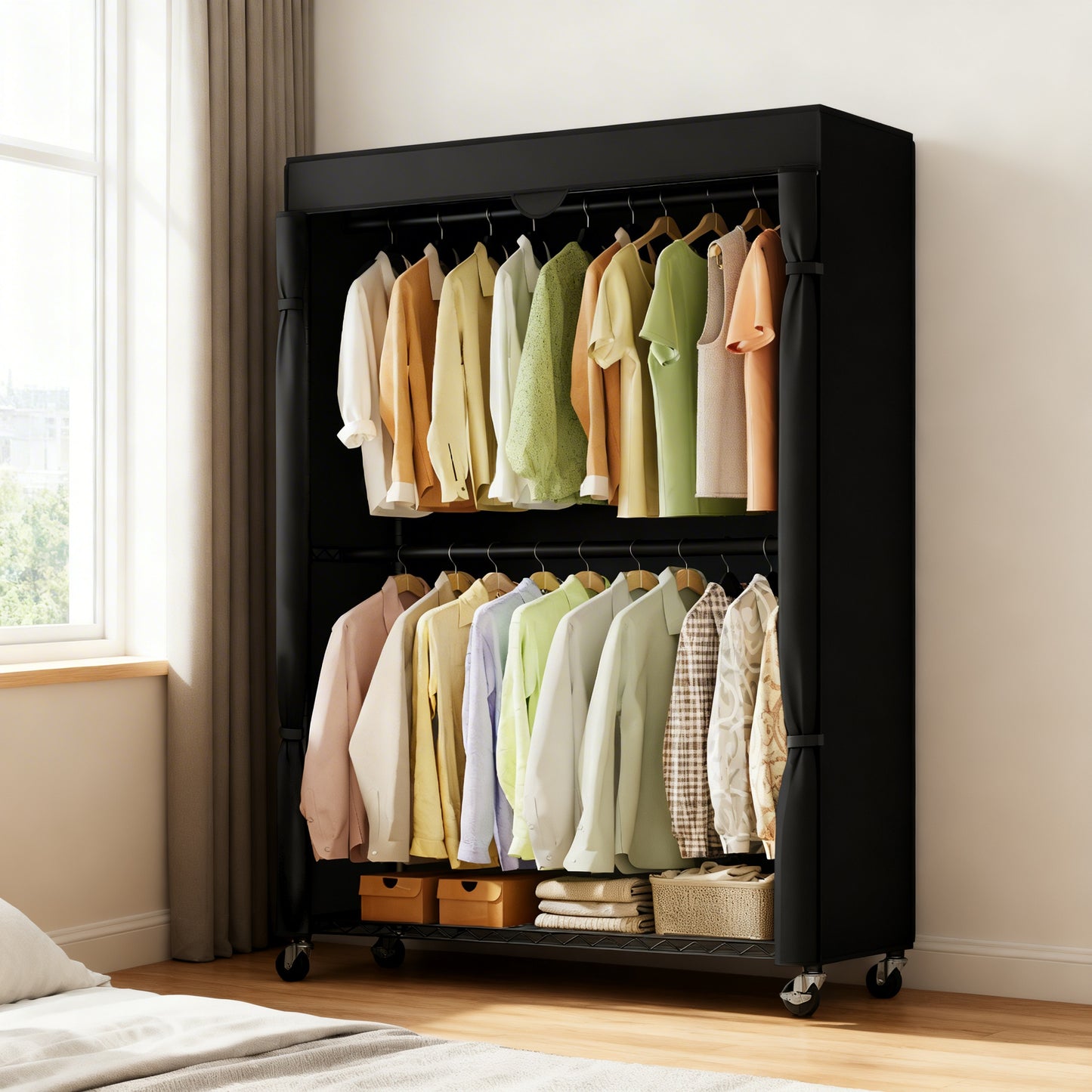 Heavy-Duty Rolling Clothes Rack, Portable Garment Rack on Wheels with Fabric Cover & Adjustable Shelves, Tool-Free Assembly, Ink Black