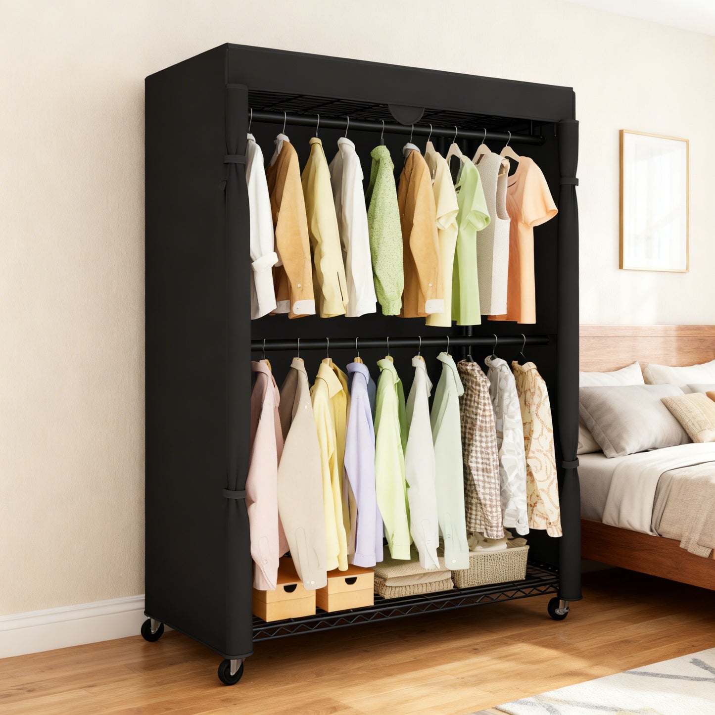 Heavy-Duty Rolling Clothes Rack, Portable Garment Rack on Wheels with Fabric Cover & Adjustable Shelves, Tool-Free Assembly, Ink Black