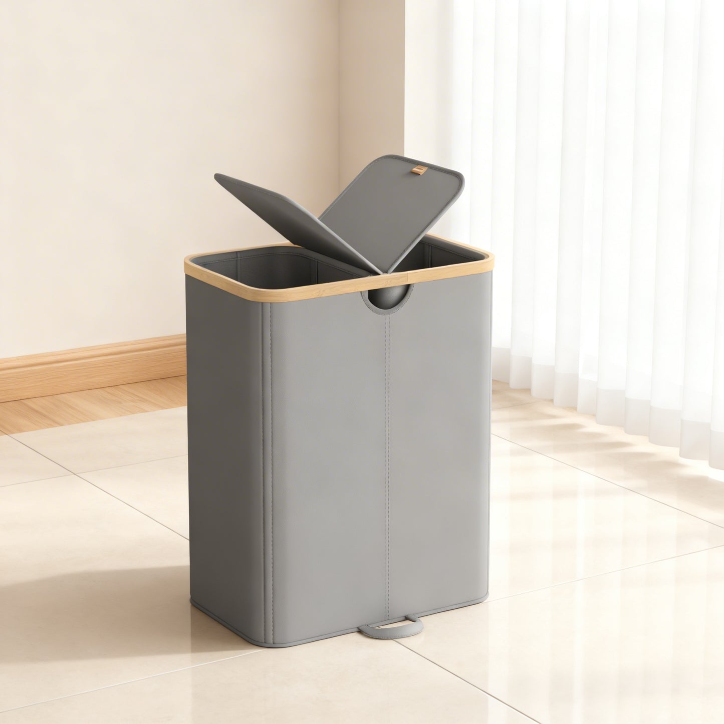 Laundry Hamper with Lids, 2-Compartment Laundry Basket with Removable Liners, 39 Gal Large Capacity for Sorting Clothes, Slate Gray and Light Bamboo