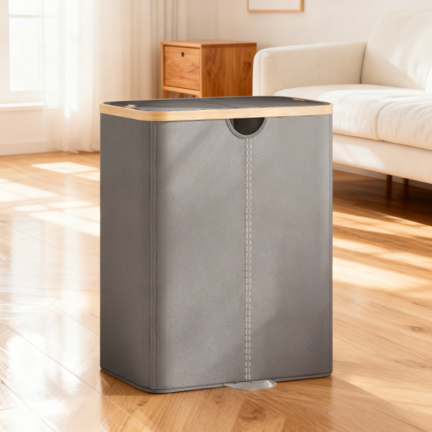 Laundry Hamper with Lids, 2-Compartment Laundry Basket with Removable Liners, 39 Gal Large Capacity for Sorting Clothes, Slate Gray and Light Bamboo