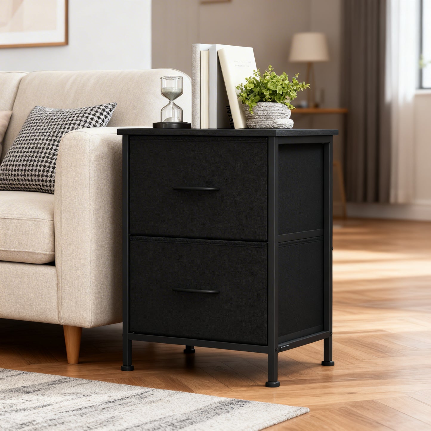 Dresser for Bedroom, Chest of Drawers with 2 Non-Woven Fabric Drawers, Steel Frame Storage Organizer for Closet Entryway, Ink Black and Ebony Black