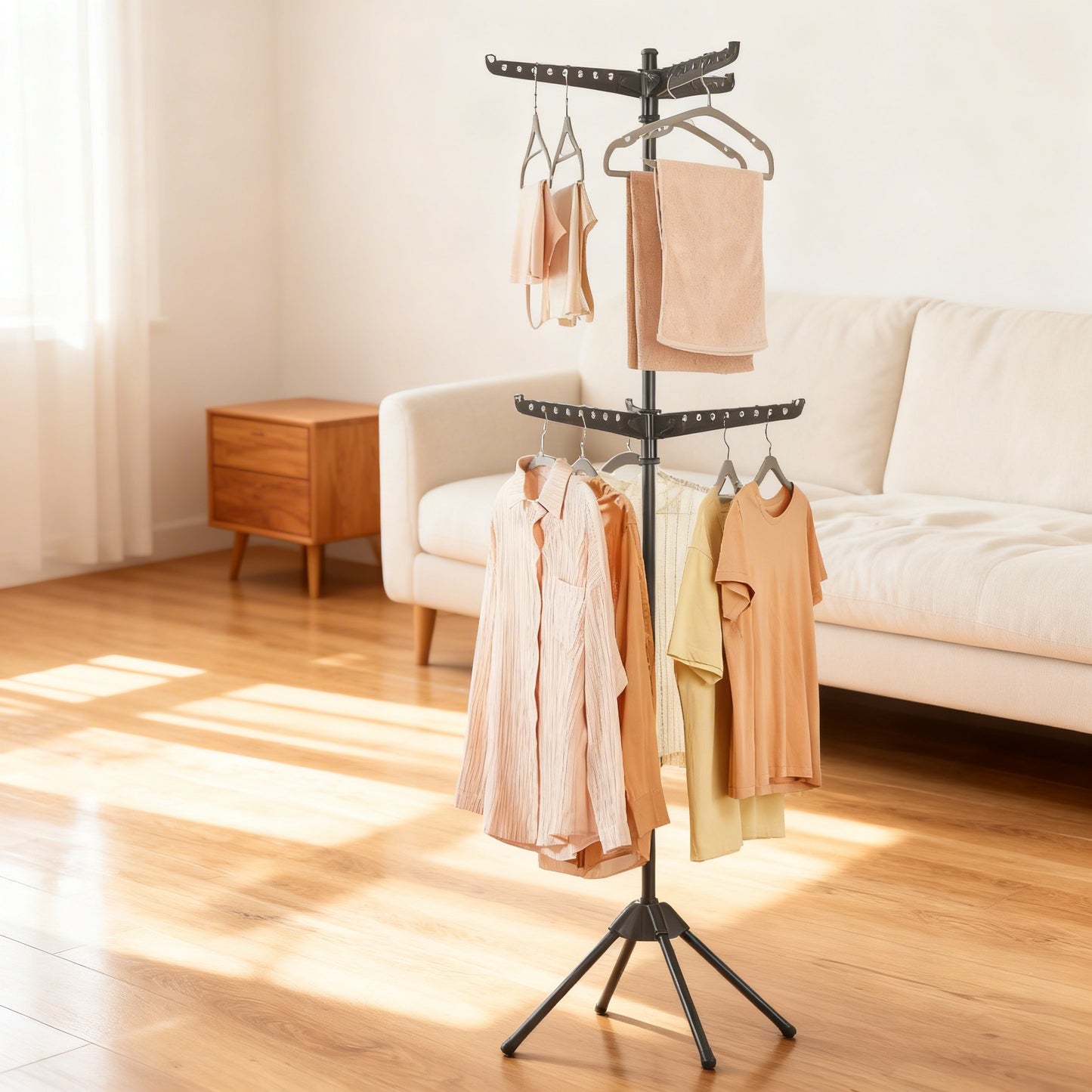2-Tier Clothes Drying Rack, 75.2-Inch Folding Laundry Rack with 6 Rotatable Arms for Hangers, Stainless Steel Holds 54 Pieces, Black