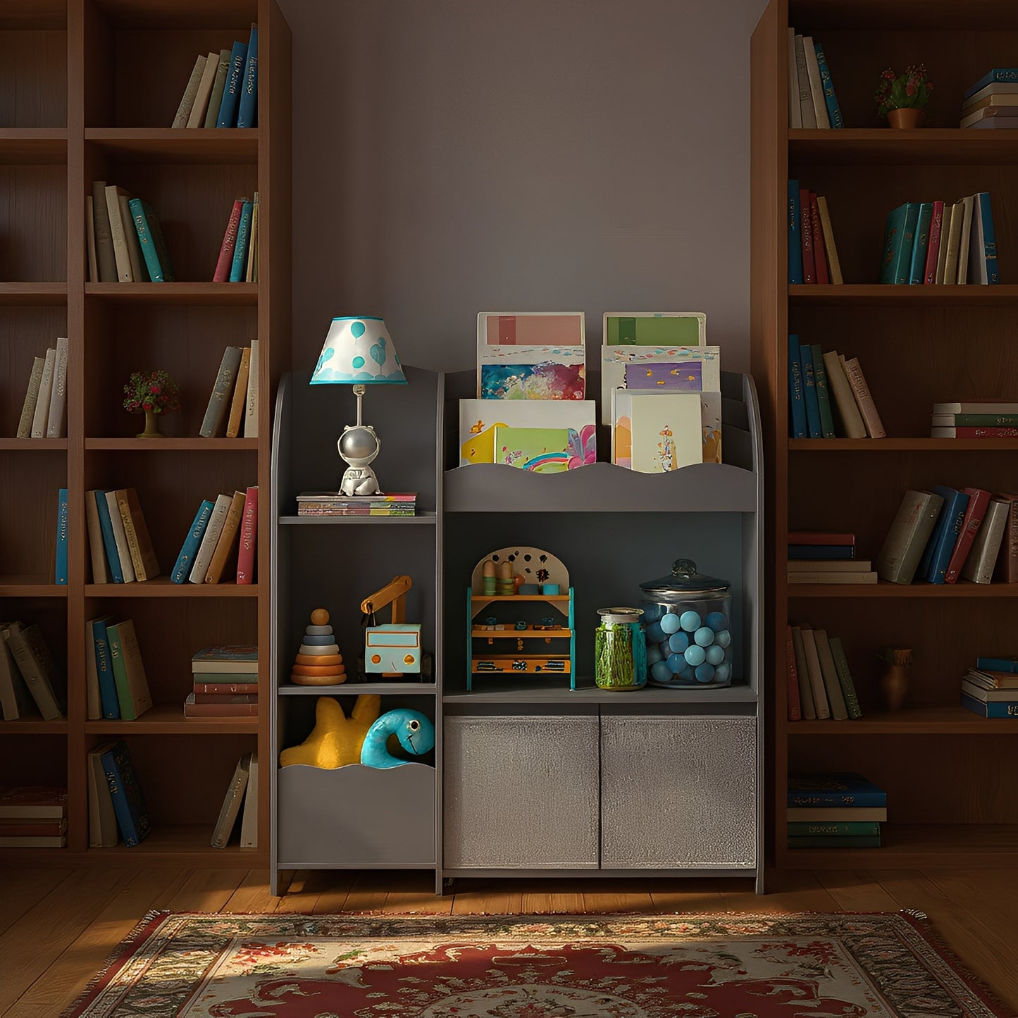 3-in-1 Kids Bookshelf & Toy Organizer with 2 Storage Bins, Multi-Functional Storage Rack for Bedroom, Playroom, Nursery, Dove Gray