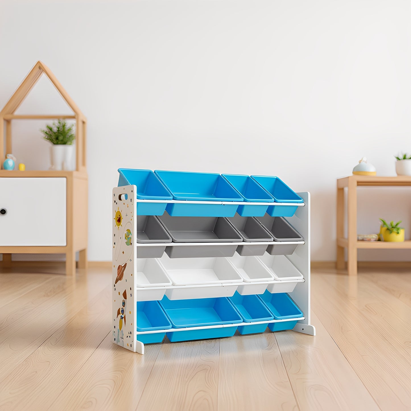 Space Theme 4-Tier Kids Toy Organizer with 16 Removable Bins, Large Storage Rack for Playroom, Bedroom, Nursery, White, Blue, Gray