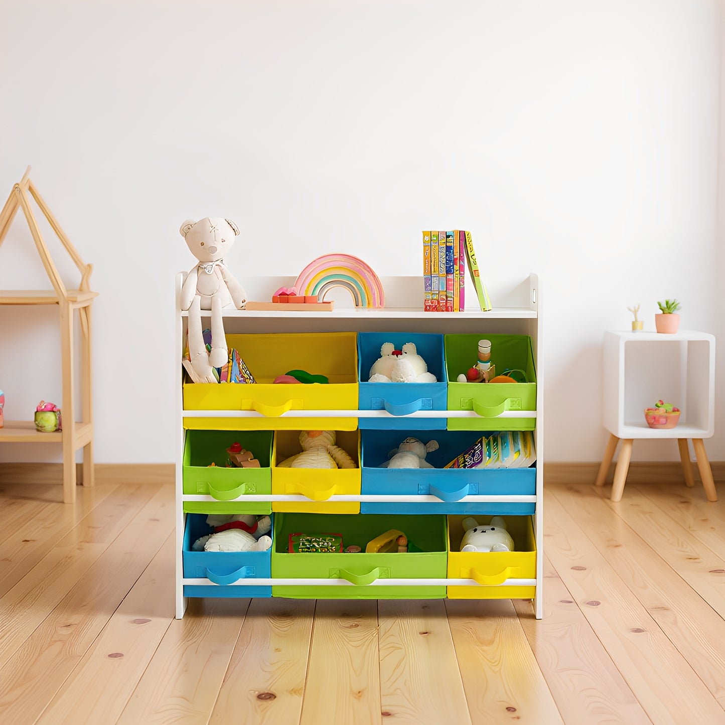 Kids 9-Bin Toy Organizer with Top Book Shelf, Non-Woven Storage Cubes, Nursery Playroom Storage Unit with Anti-Tip Straps, White, Multi-Color
