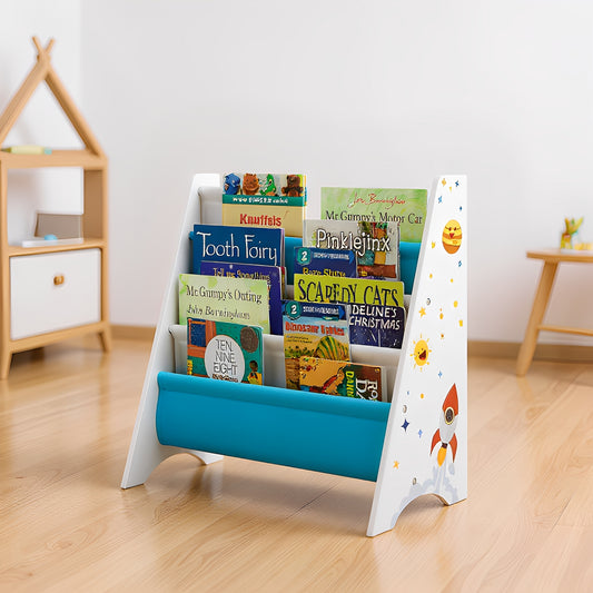 4-Tier Kids Bookcase with Anti-Tip Kit, Space-Saving Bookshelf Organizer for Children's Room, Playroom, Nursery,White, Blue and Gray