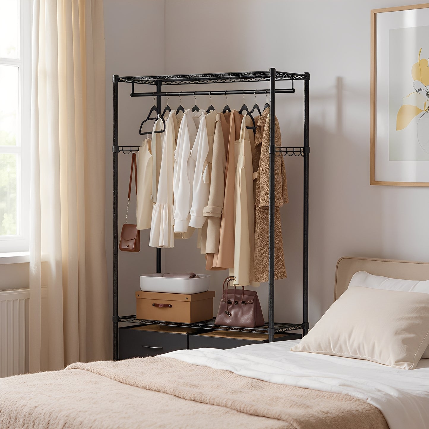 Heavy-Duty Garment Rack with Shelves & Drawers, Freestanding Clothes Organizer with Hanging Rail and Hooks, No-Tool Assembly, Black