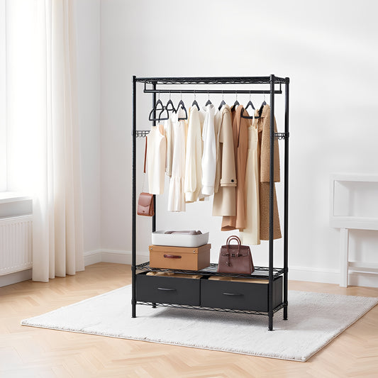Heavy-Duty Garment Rack with Shelves & Drawers, Freestanding Clothes Organizer with Hanging Rail and Hooks, No-Tool Assembly, Black
