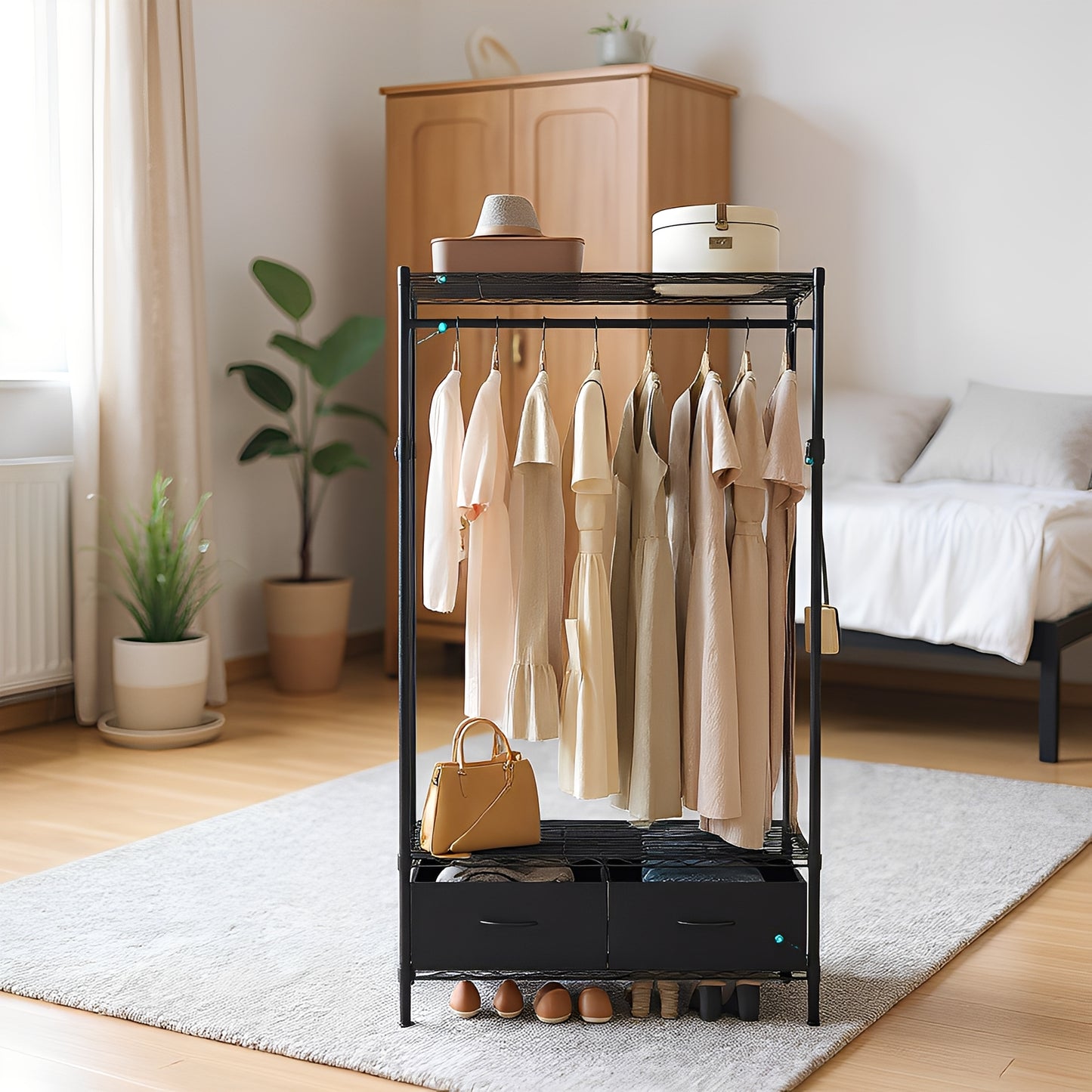 Heavy-Duty Garment Rack with Shelves & Drawers, Freestanding Clothes Organizer with Hanging Rail and Hooks, No-Tool Assembly, Black