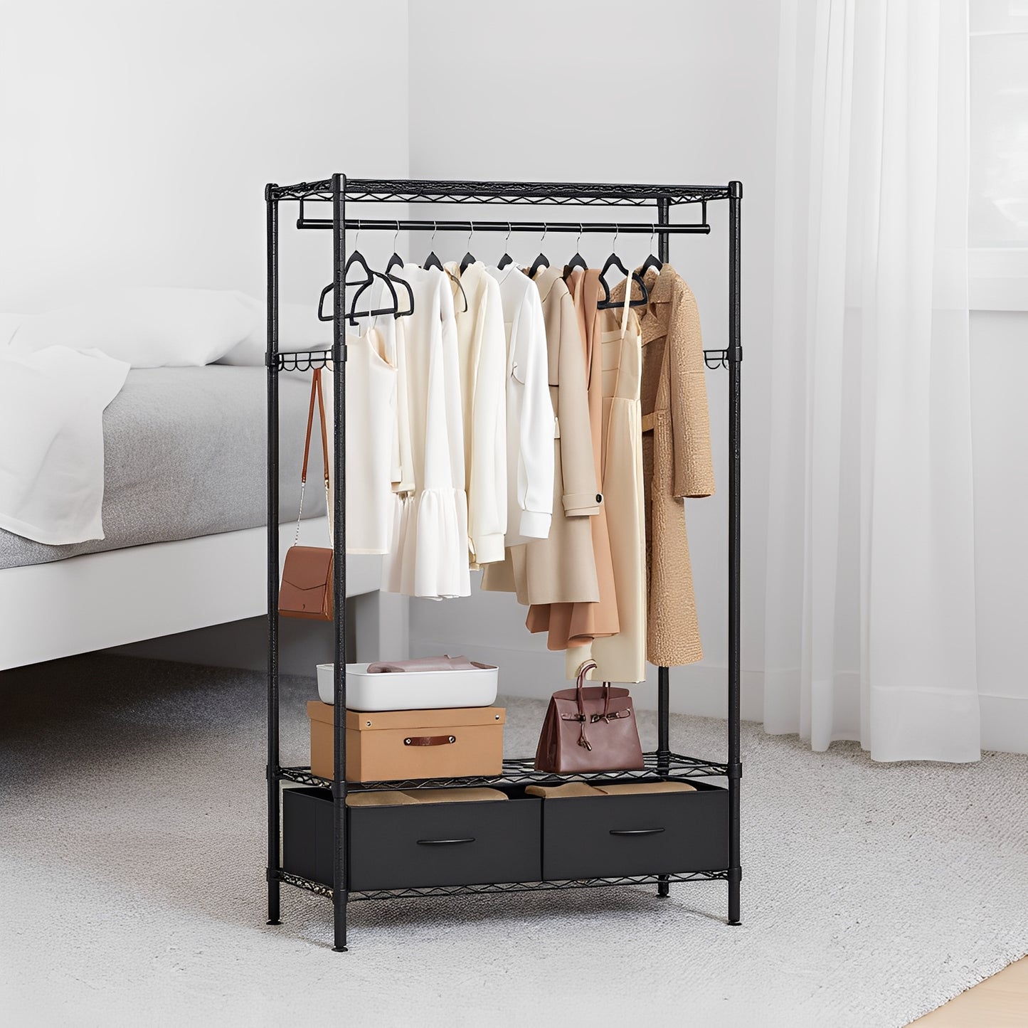 Heavy-Duty Garment Rack with Shelves & Drawers, Freestanding Clothes Organizer with Hanging Rail and Hooks, No-Tool Assembly, Black