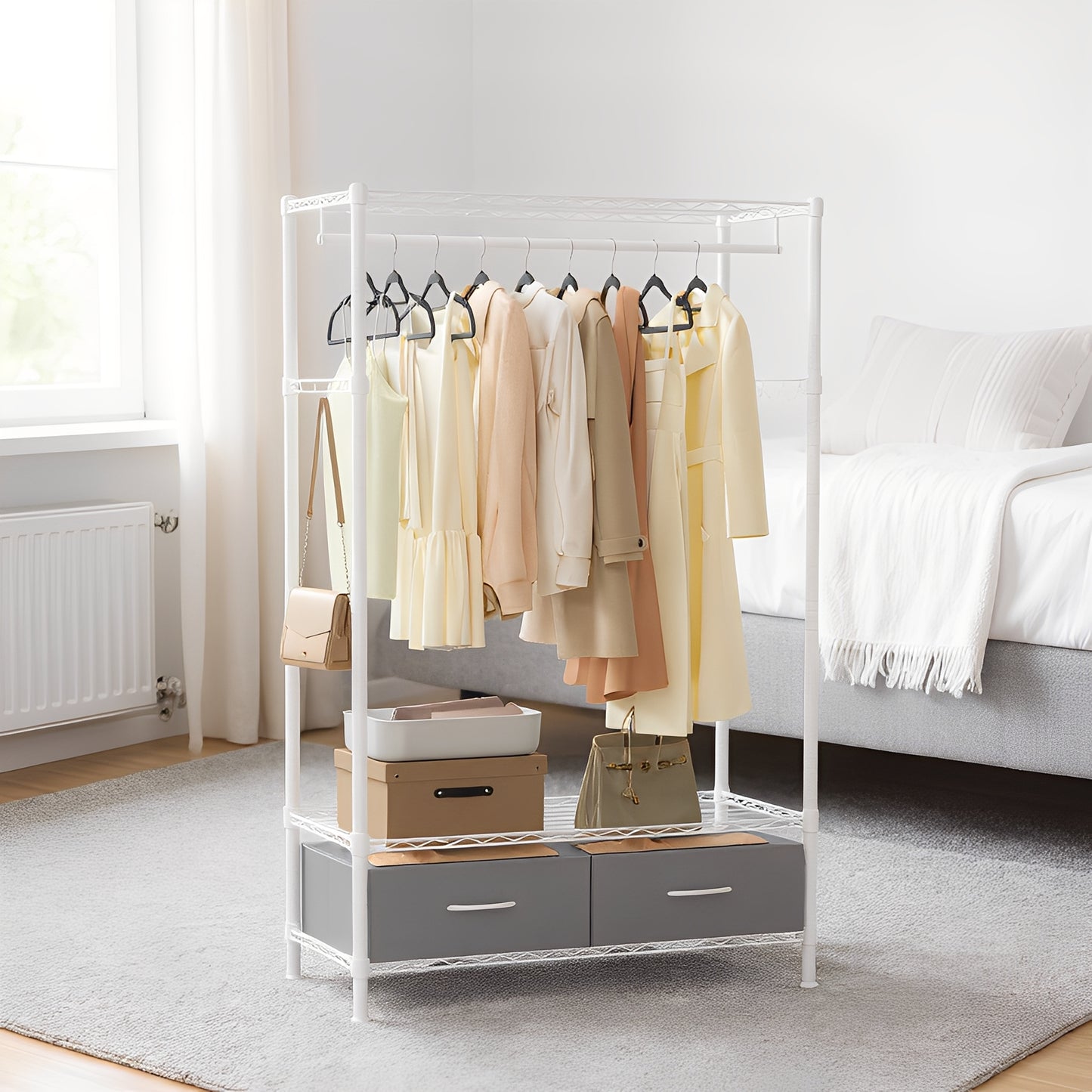 Heavy-Duty Garment Rack with Shelves & Drawers, Freestanding Clothes Organizer with Hanging Rail and Hooks, No-Tool Assembly, Cloud White and Dove Gray