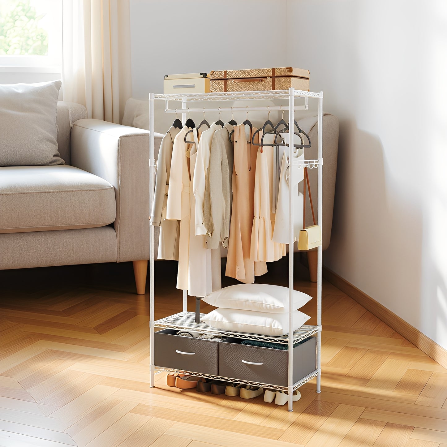 Heavy-Duty Garment Rack with Shelves & Drawers, Freestanding Clothes Organizer with Hanging Rail and Hooks, No-Tool Assembly, Cloud White and Dove Gray