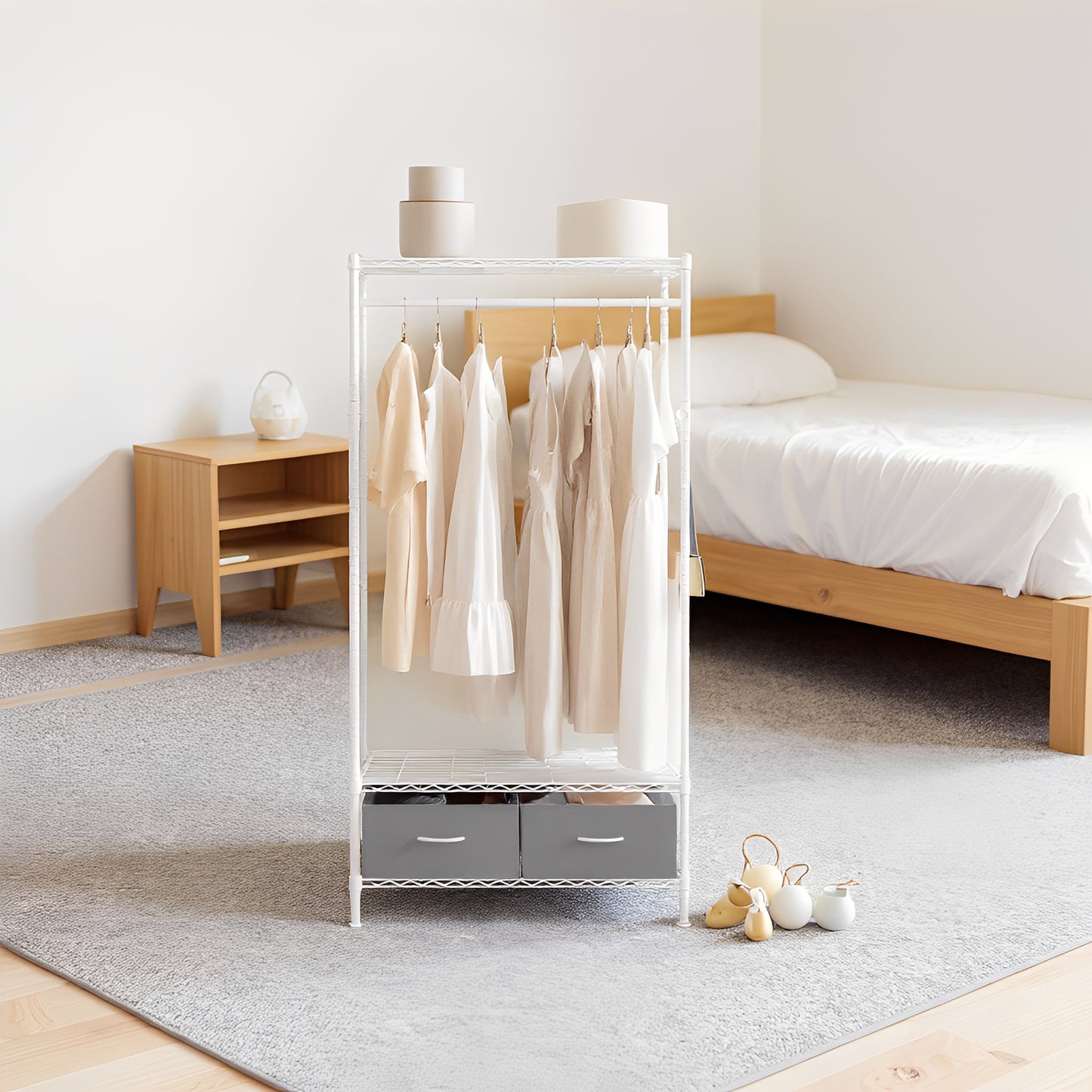 Heavy-Duty Garment Rack with Shelves & Drawers, Freestanding Clothes Organizer with Hanging Rail and Hooks, No-Tool Assembly, Cloud White and Dove Gray
