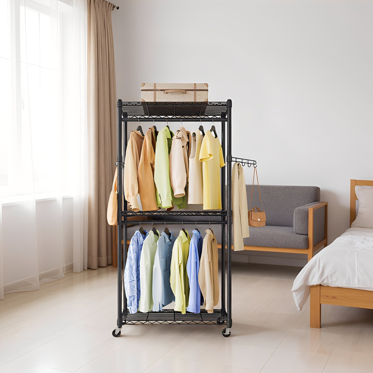 Heavy-Duty Rolling Garment Rack with Adjustable Shelves, 2 Hanging Rails & Wheels, Portable Closet Organizer, Tool-Free Assembly,Black