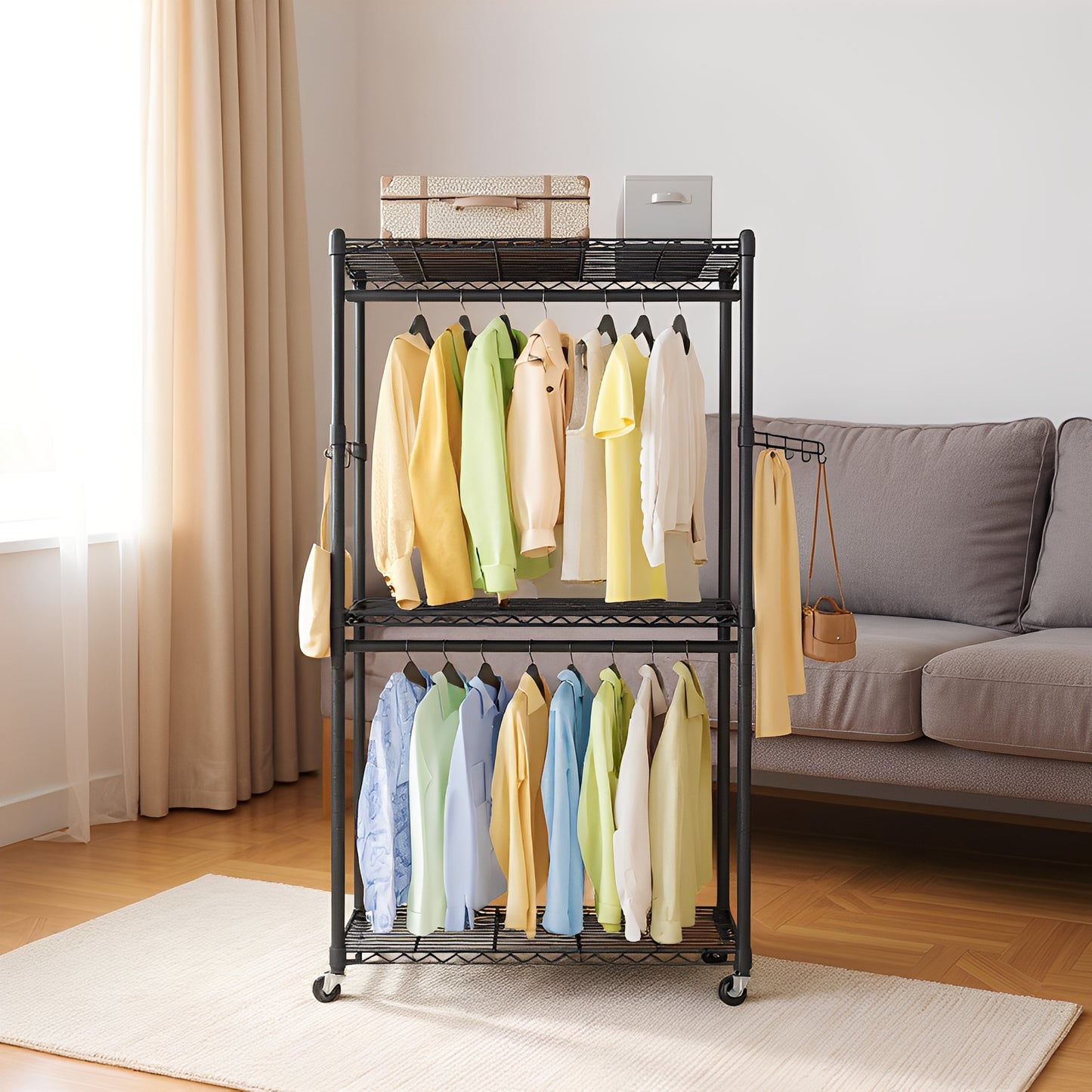 Heavy-Duty Rolling Garment Rack with 2 Rails & Shelves, Mobile Closet Organizer with Wheels, Tool-Free Assembly, 302lb Capacity, Black