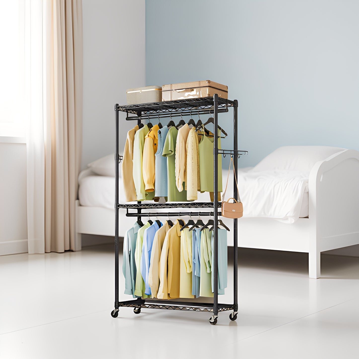 Heavy-Duty Rolling Garment Rack with 2 Rails & Shelves, Mobile Closet Organizer with Wheels, Tool-Free Assembly, 302lb Capacity, Black