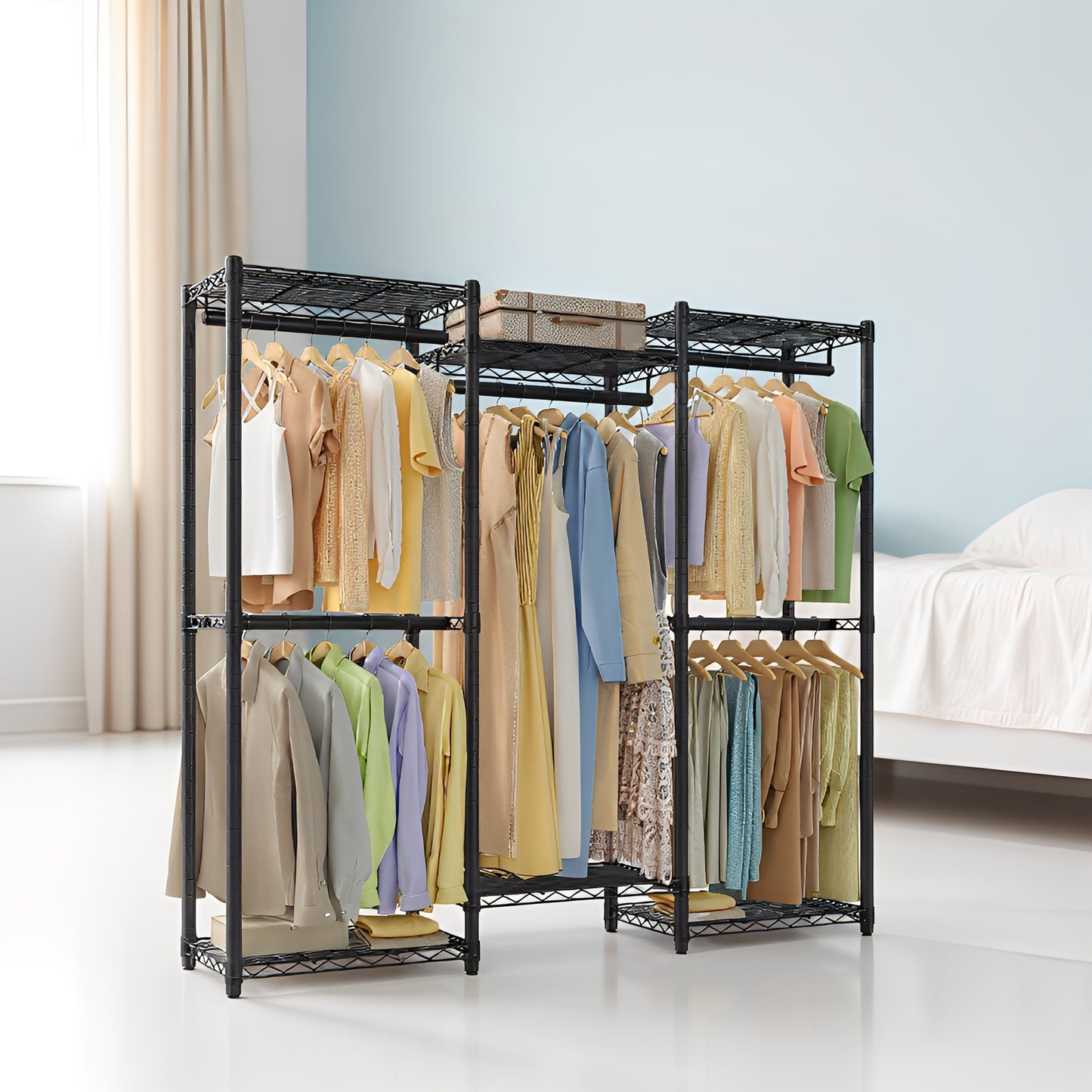 Heavy-Duty Garment Rack, 56.9-Inch Wide Portable Closet with 5 Rails & 6 Shelves, No-Tool Assembly, 419lb Capacity, Ink Black