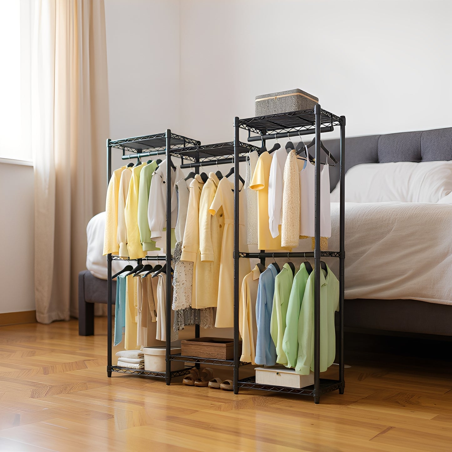 Heavy-Duty Garment Rack, 56.9-Inch Wide Portable Closet with 5 Rails & 6 Shelves, No-Tool Assembly, 419lb Capacity, Ink Black