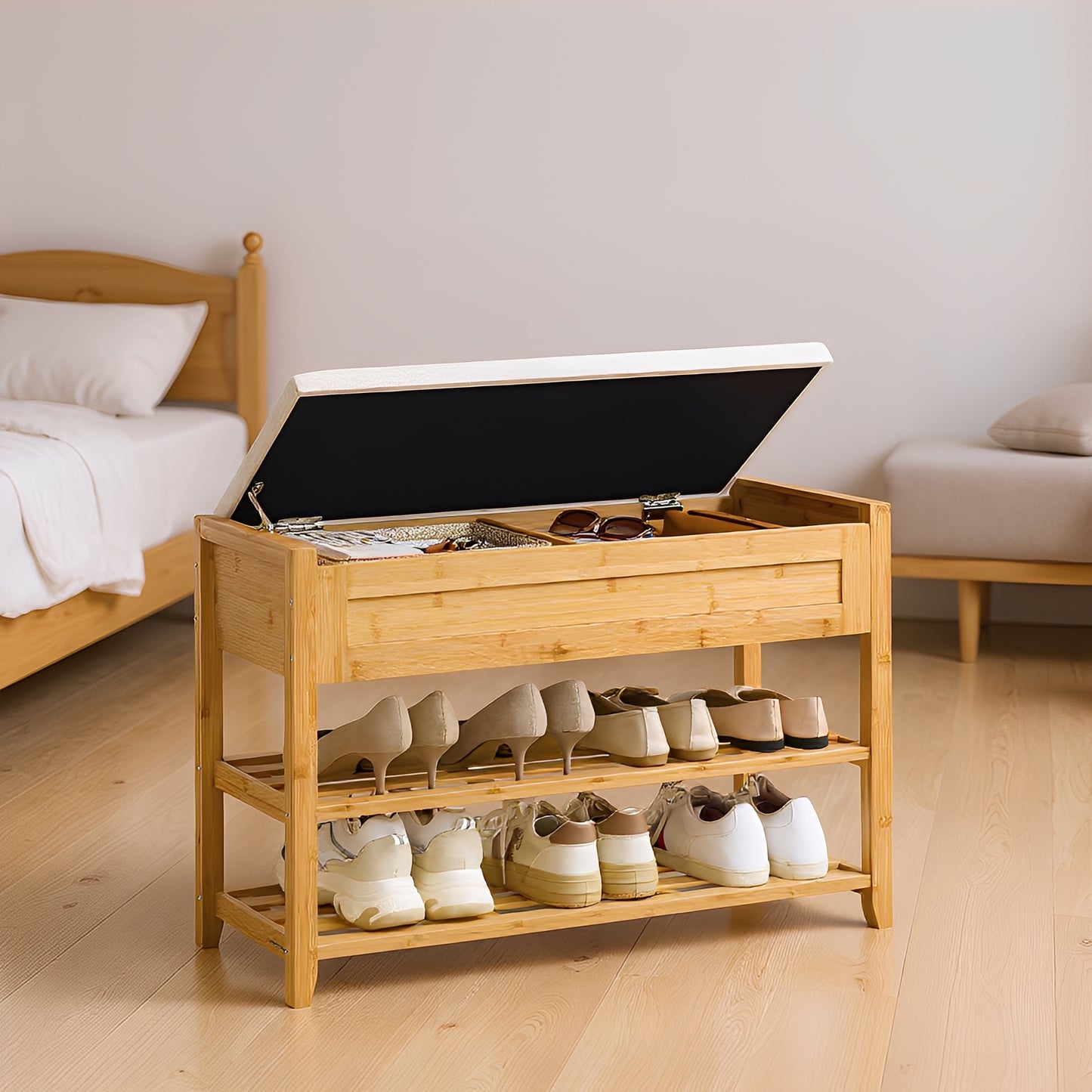 Storage Bench with 2-Tier Shoe Rack, 31.5" Wide Entryway Organizer with Hidden Compartments and Cushioned Seat，Beige