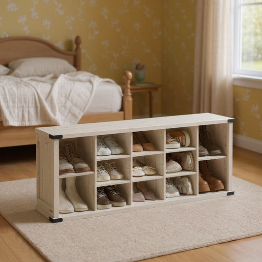 Shoe Storage Bench with 15 Adjustable Compartments, 300lb Capacity Entryway Organizer, for Living Room, Bedroom, Closet Use, Rustic White