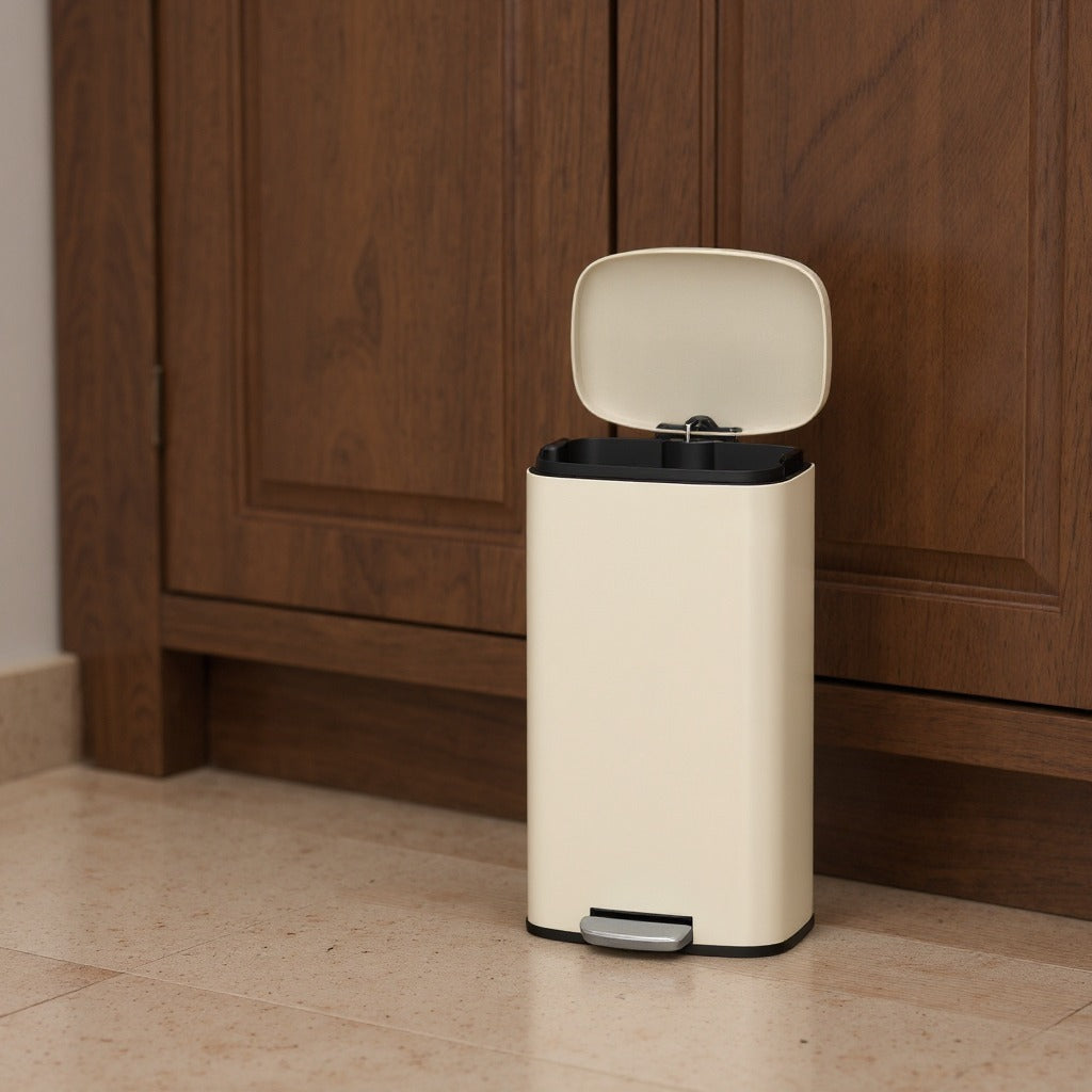 Stainless Steel 8 Gallon Trash Can with Step Pedal, Soft-Close Lid & Inner Bucket for Kitchen/Bathroom,Sand Beige