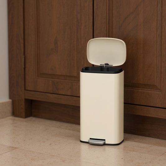 Stainless Steel 8 Gallon Trash Can with Step Pedal, Soft-Close Lid & Inner Bucket for Kitchen/Bathroom,Sand Beige