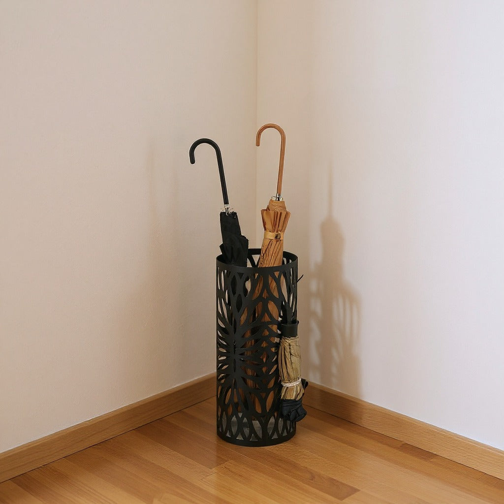 Freestanding Umbrella Stand with Drip Tray, 19.3" Steel Holder for Entryway, Includes 4 Hooks for Canes Walking Sticks,Matte Black