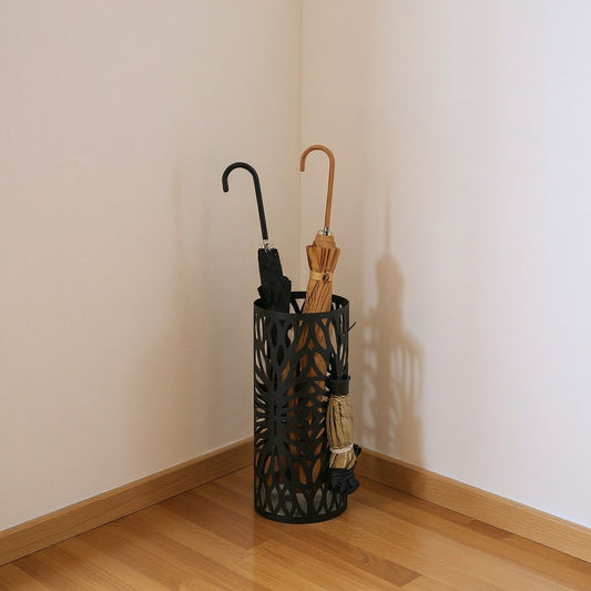 Freestanding Umbrella Stand with Drip Tray, 19.3" Steel Holder for Entryway, Includes 4 Hooks for Canes Walking Sticks,Matte Black