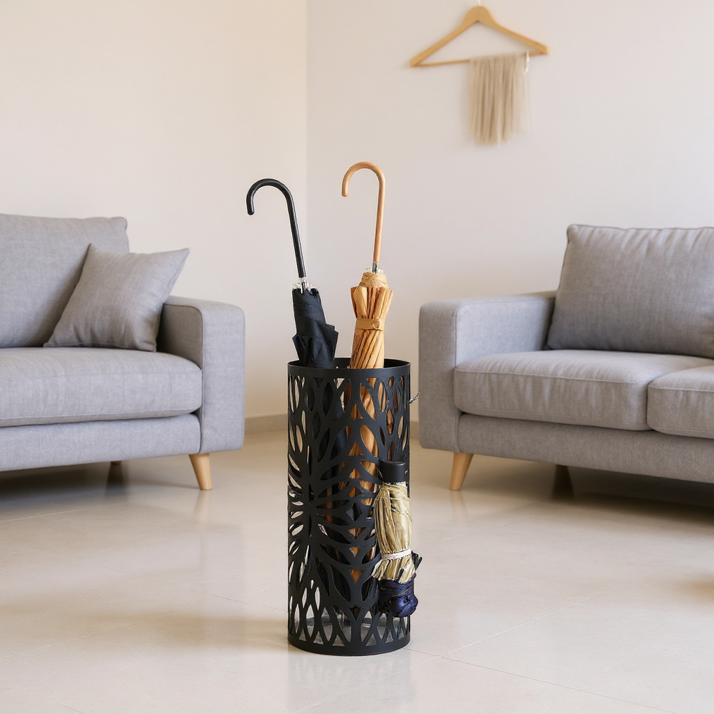 Freestanding Umbrella Stand with Drip Tray, 19.3" Steel Holder for Entryway, Includes 4 Hooks for Canes Walking Sticks,Matte Black