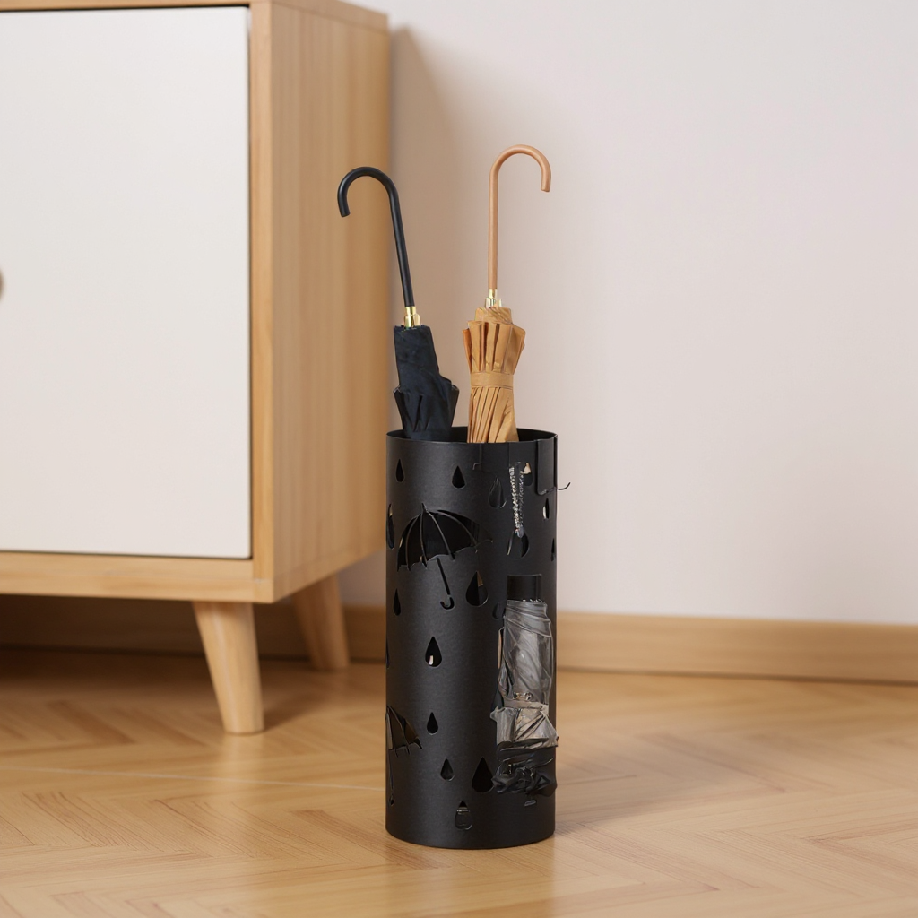 Freestanding Umbrella Stand with Detachable Drip Tray, 4-Hook Metal Holder for Entryway Storage, 19.3 Inch,Ink Black