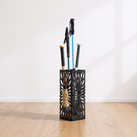 Square Umbrella Stand Organizer with Drip Tray, 4-Hook Steel Holder for Entryway Storage, Freestanding Design, Black