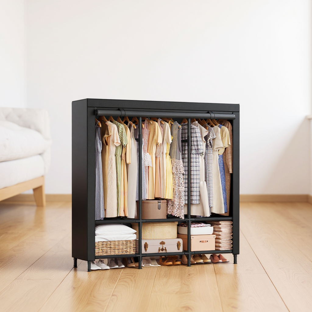 Heavy Duty Wardrobe Closet, 51.2 Inch Portable Clothing Rack with 3 Rails & 6 Shelves, Freestanding Organizer with Fabric Cover,Ink ray