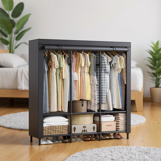 Heavy Duty Wardrobe Closet, 51.2 Inch Portable Clothing Rack with 3 Rails & 6 Shelves, Freestanding Organizer with Fabric Cover,Dove Gray