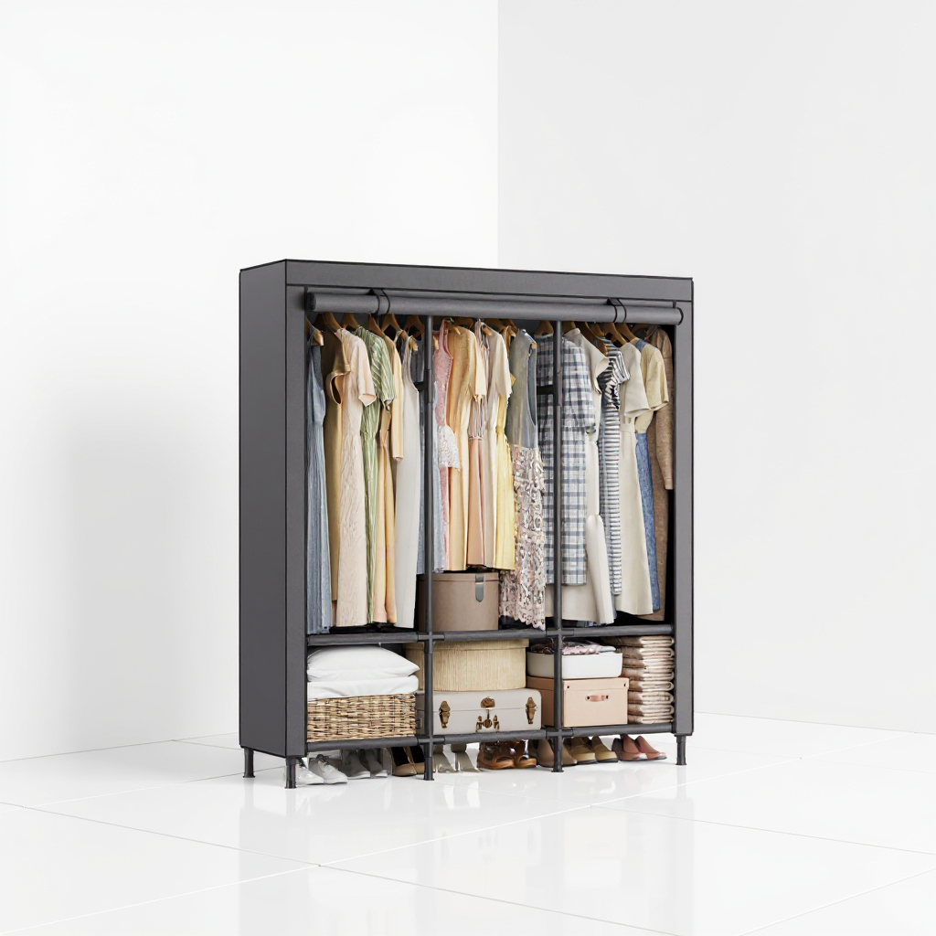 Heavy Duty Wardrobe Closet, 51.2 Inch Portable Clothing Rack with 3 Rails & 6 Shelves, Freestanding Organizer with Fabric Cover,Dove Gray