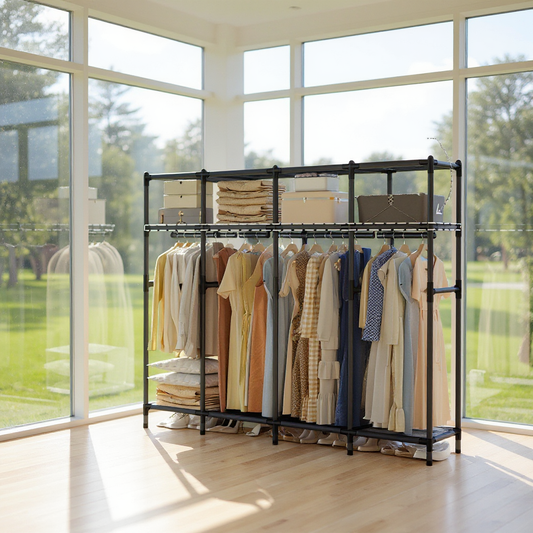 Large Wardrobe Closet Organizer with 4 Rails & 8 Shelves, Freestanding Portable Clothing Rack with Fabric Cover,Dove Gray