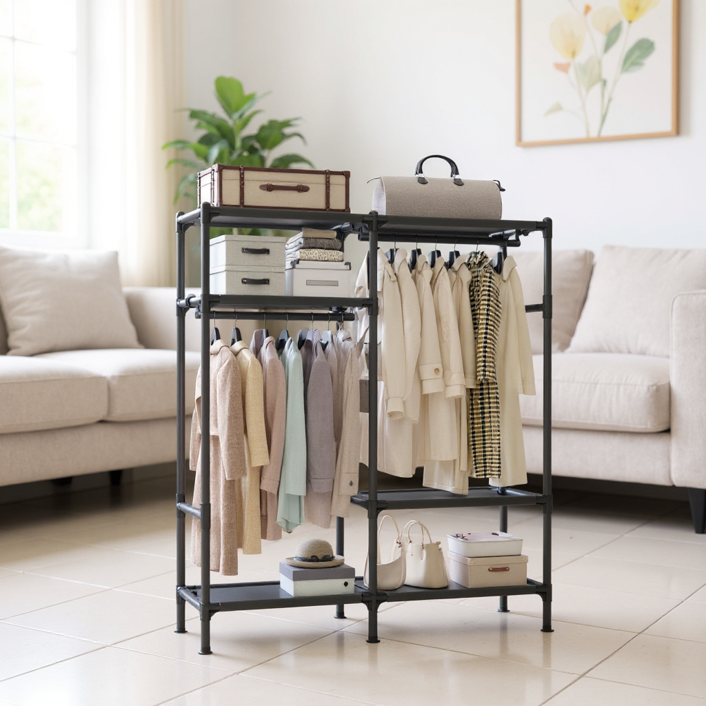 Heavy Duty Clothes Rack, 65 Inch Freestanding Wardrobe with 2 Rails & 3 Shelves, 242 lb Capacity, Easy No-Tool Assembly, Black