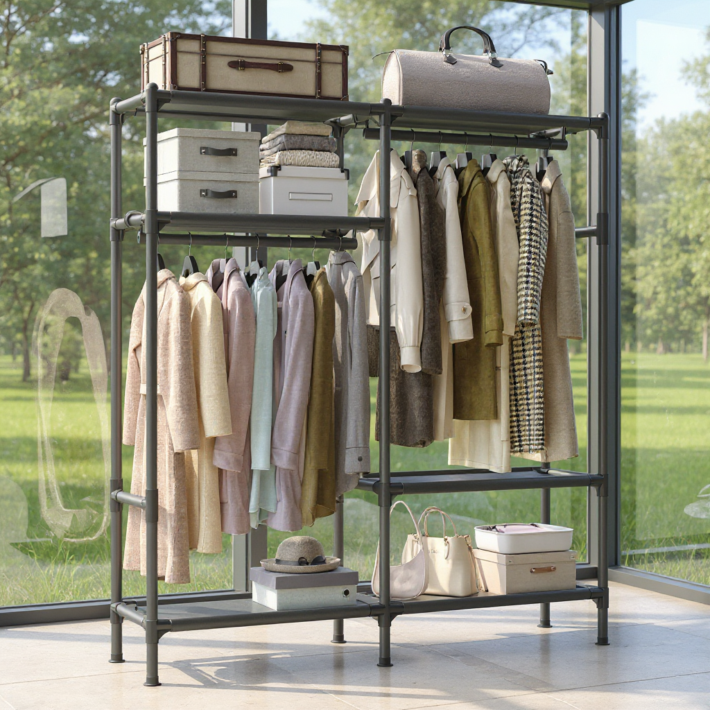 Heavy Duty Clothes Rack, 65 Inch Freestanding Wardrobe with 2 Rails & 3 Shelves, 242 lb Capacity, Easy No-Tool Assembly, Black