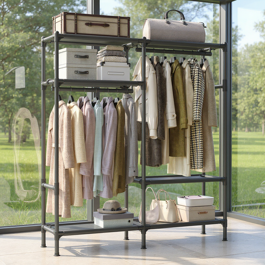 Heavy Duty Clothes Rack, 65 Inch Freestanding Wardrobe with 2 Rails & 3 Shelves, 242 lb Capacity, Easy No-Tool Assembly, Black