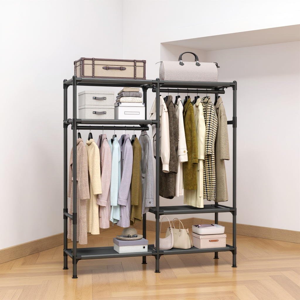 Heavy Duty Clothes Rack, 65 Inch Freestanding Wardrobe with 2 Rails & 3 Shelves, 242 lb Capacity, Easy No-Tool Assembly, Black