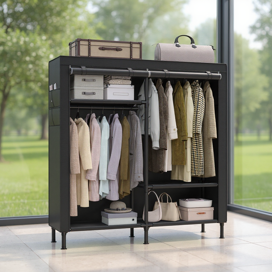 Heavy Duty Wardrobe Closet, 65 Inch Portable Closet Organizer with 2 Rails, 3 Shelves & 4 Pockets, Freestanding, Easy Assembly, Black